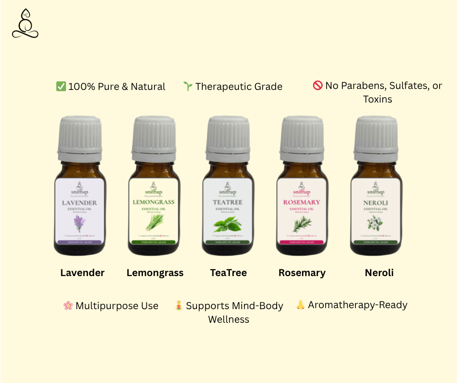 Essential Oil Set of 5 - Lavender | Tea Tree | Lemongrass | Rosemary | Neroli - SniffUp