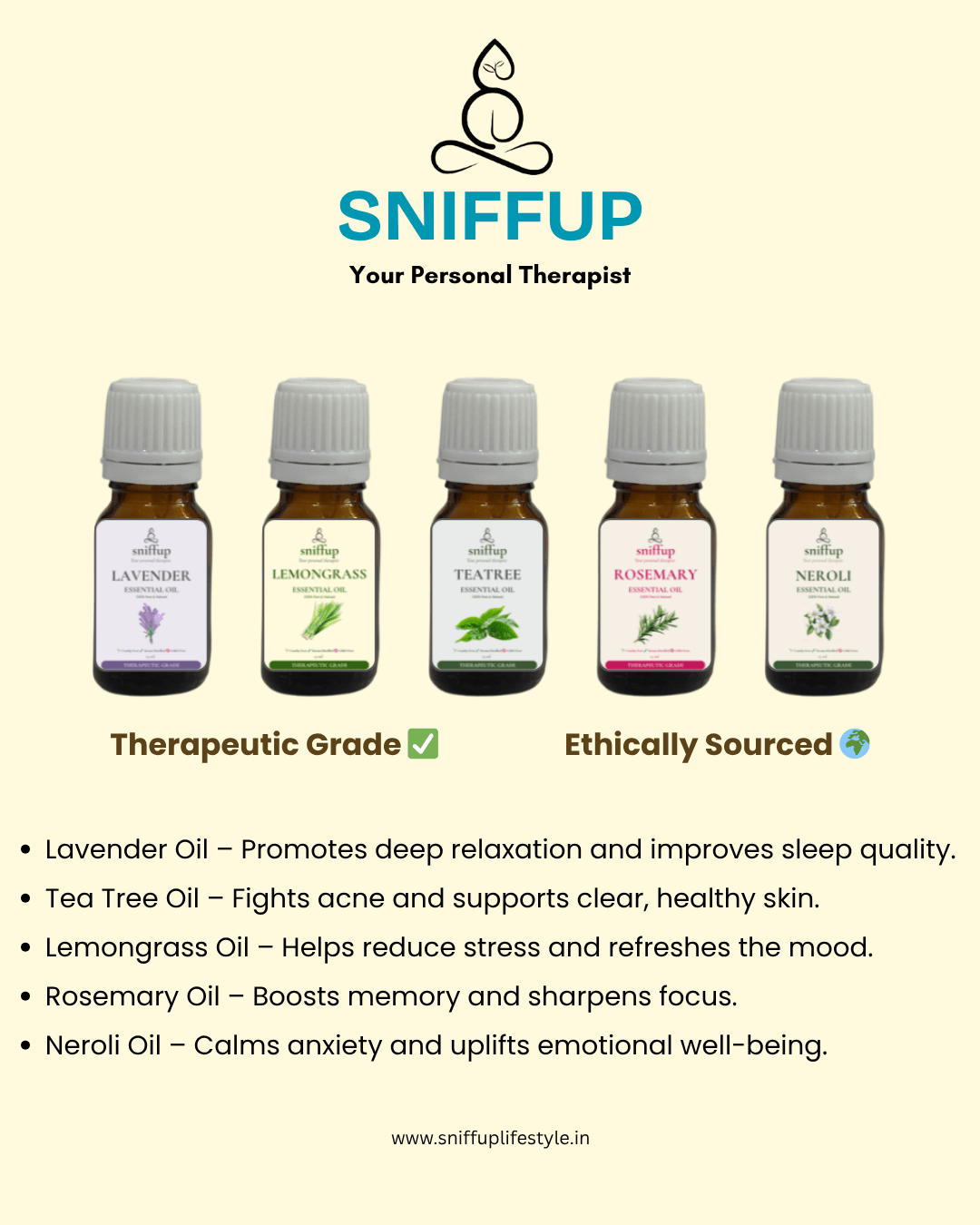 Essential Oil Set of 5 - Lavender | Tea Tree | Lemongrass | Rosemary | Neroli - SniffUp