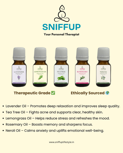 Essential Oil Set of 5 - Lavender | Tea Tree | Lemongrass | Rosemary | Neroli - SniffUp
